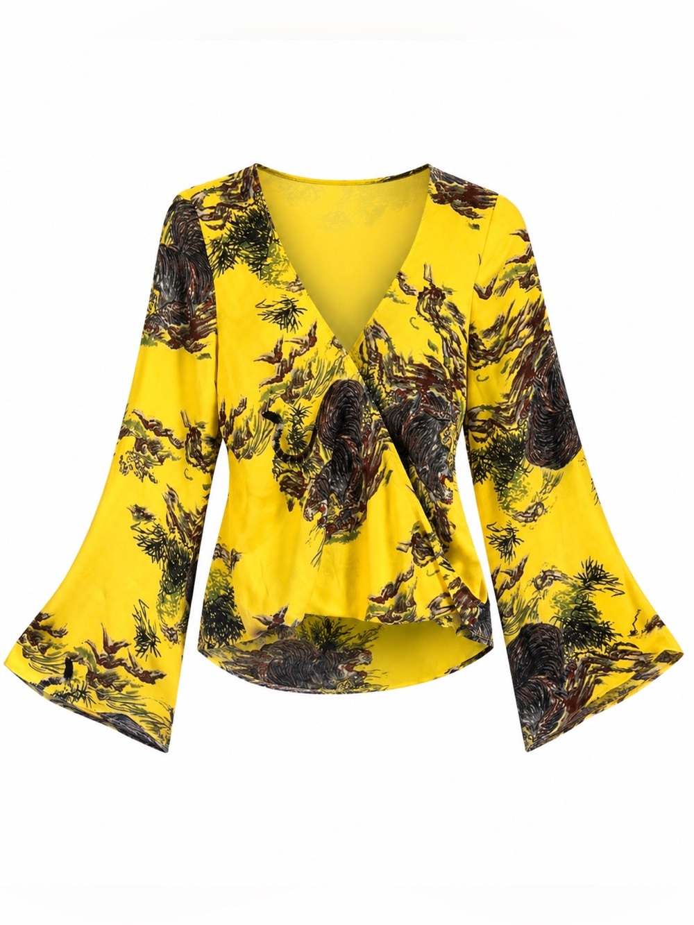 Y2K GUESS Tiger Asian Print Blouse Long Sleeve Wrap Shirt